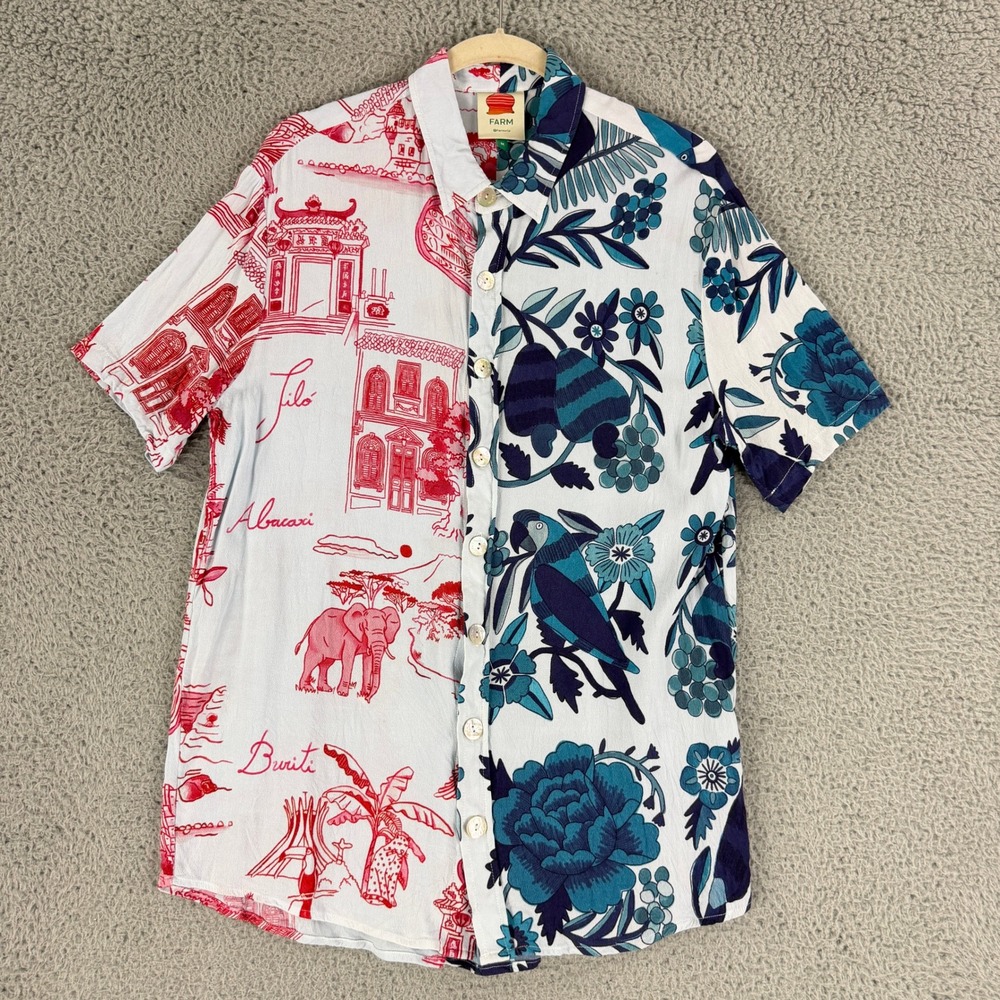 Farm Rio Button Down Shirt Mens M Multicolor Tropical Toile Split Print Hawaiian
